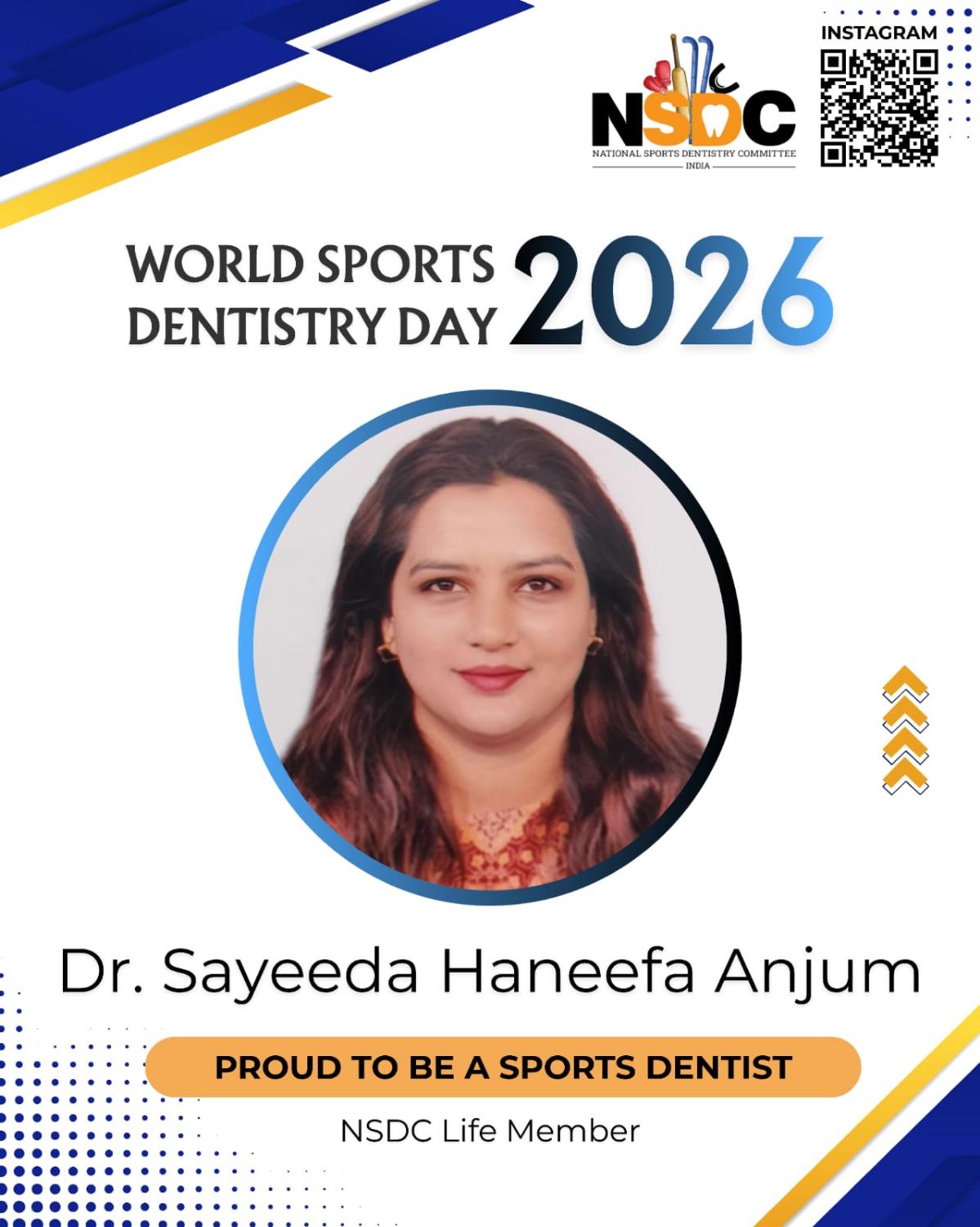 Dr. Sayeeda Haneefa Anjum - Proud to be a Sports Dentist, NSDC Life Member